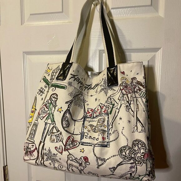 Brighton Holiday City Tote &Cosmetic Pouch cotton Canvas beige multi color print - Picture 1 of 16